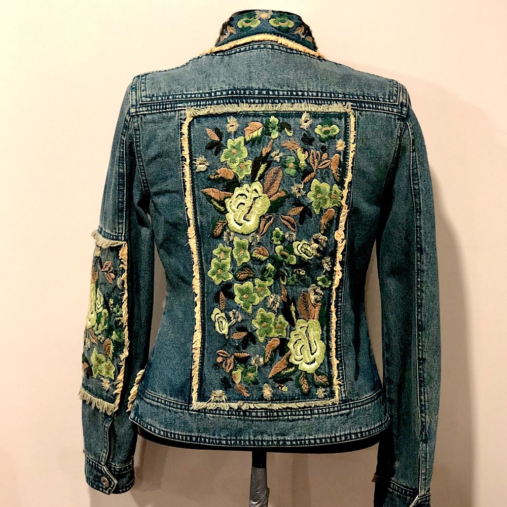 Authentic Marc Jacobs Distress Denim Jacket with Green and Brown Embroidery